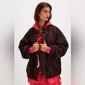 Free People Women's Brown Corduroy Aviator Zip-Up Sweatshirt Jacket Sz XL